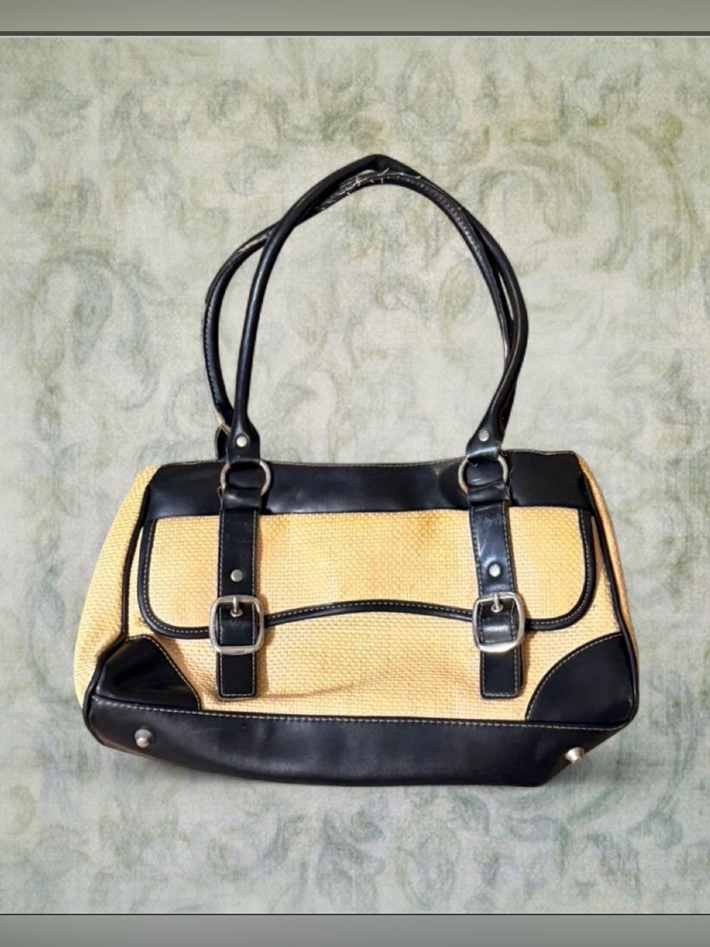 Black and Natural Woven Convertible Shoulder Bag